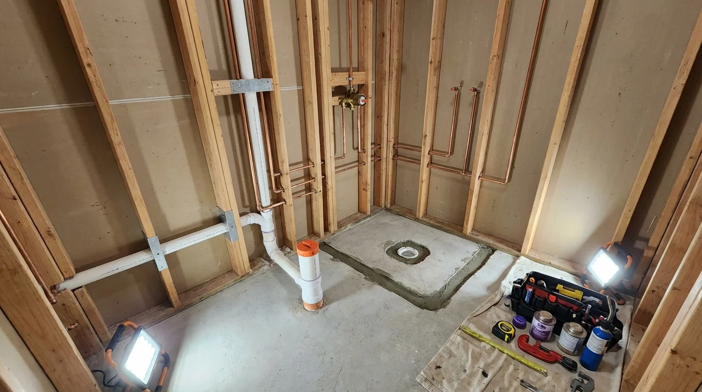 Bathroom rough-in plumbing during remodel by Johns Plumbing LLC in Peoria Heights