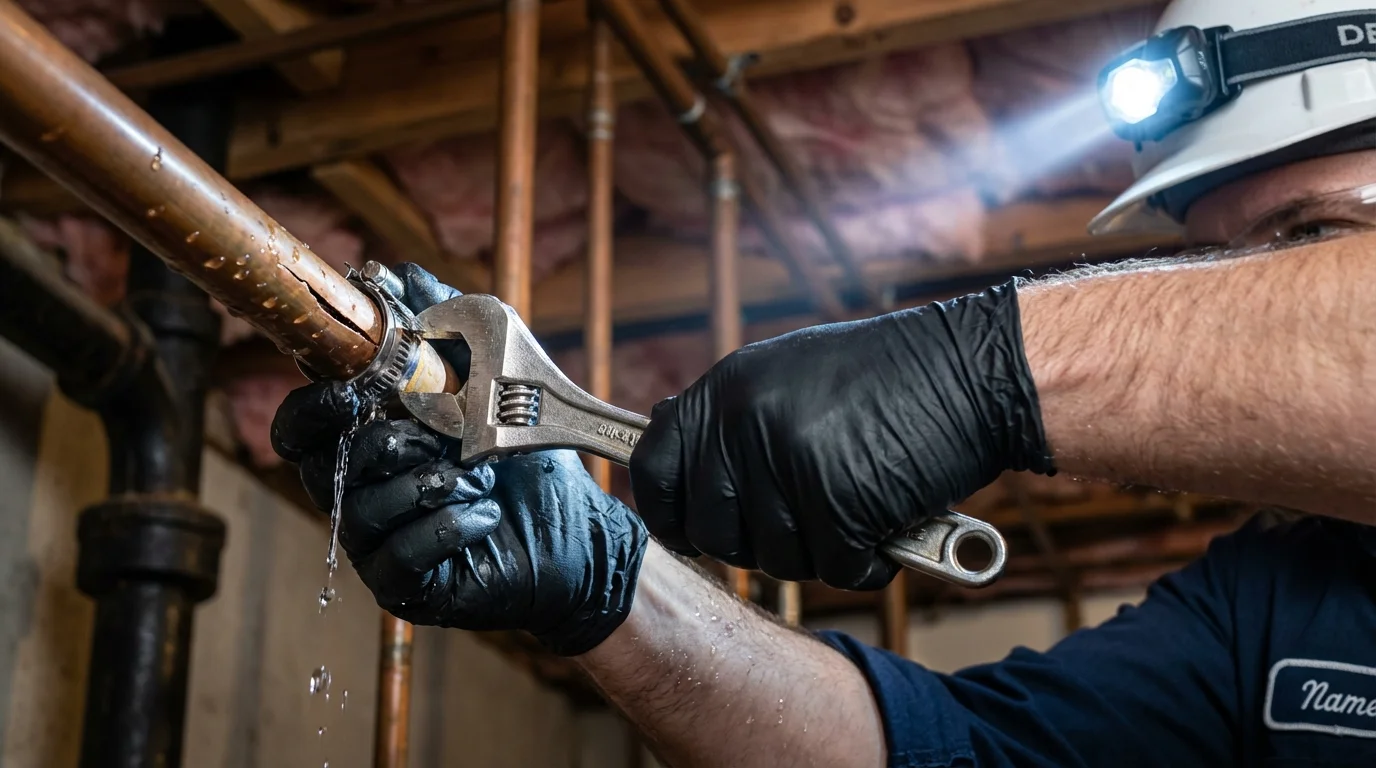 Emergency pipe clamp repair being performed by a Johns Plumbing LLC plumber in Peoria Heights