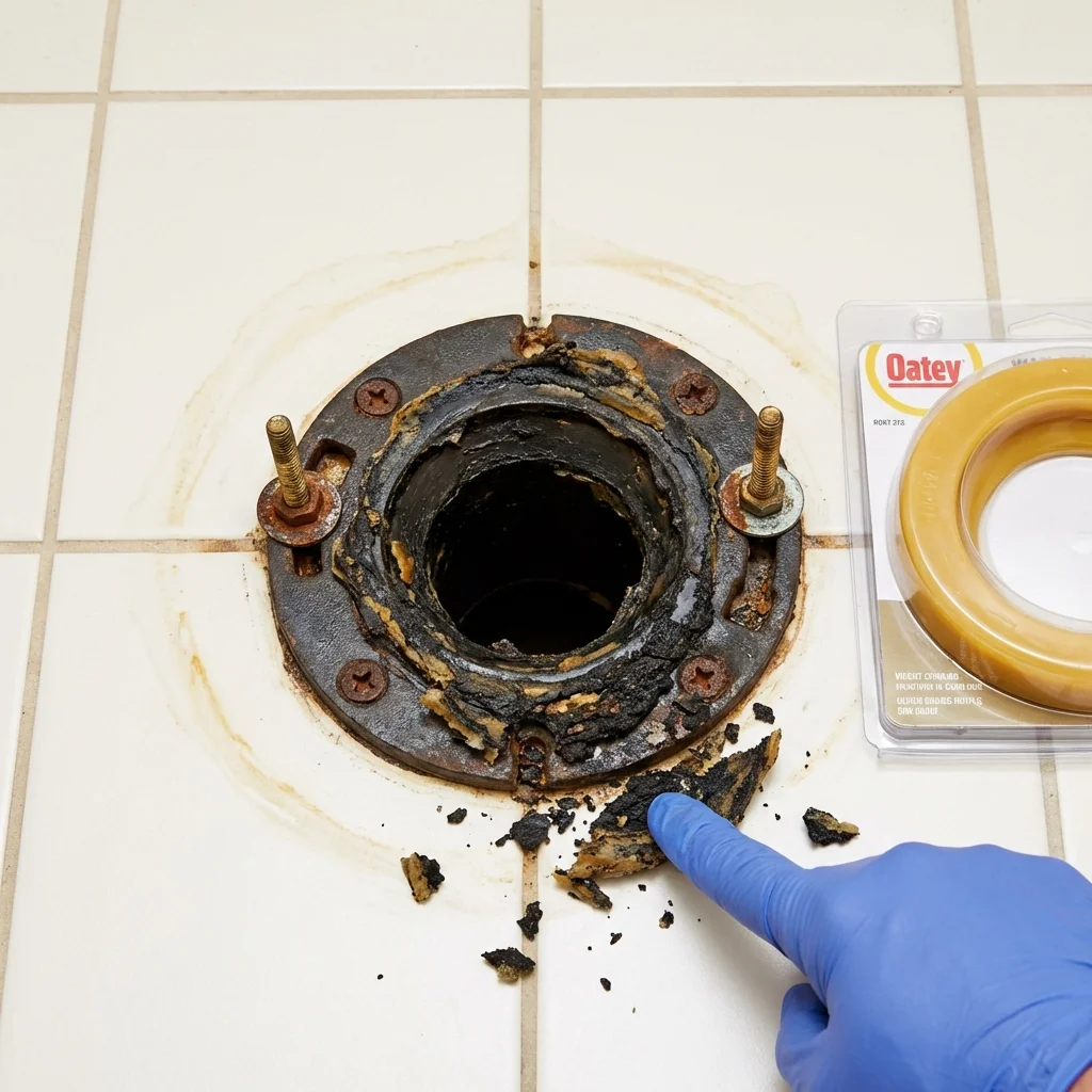 Failed wax ring showing water seepage at the base of a toilet in a Peoria Heights, IL home