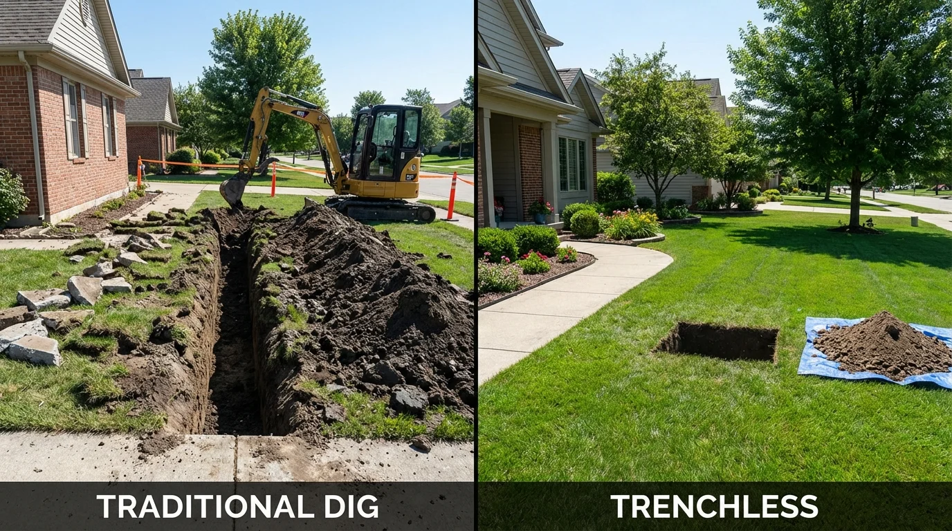 Trenchless sewer repair with minimal yard damage versus traditional excavation in Peoria Heights, IL