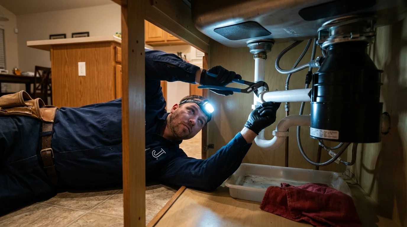 P-trap and supply line connections under a kitchen sink showing a common leak point in Peoria Heights, IL